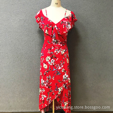 Women's polyester red printed long dress